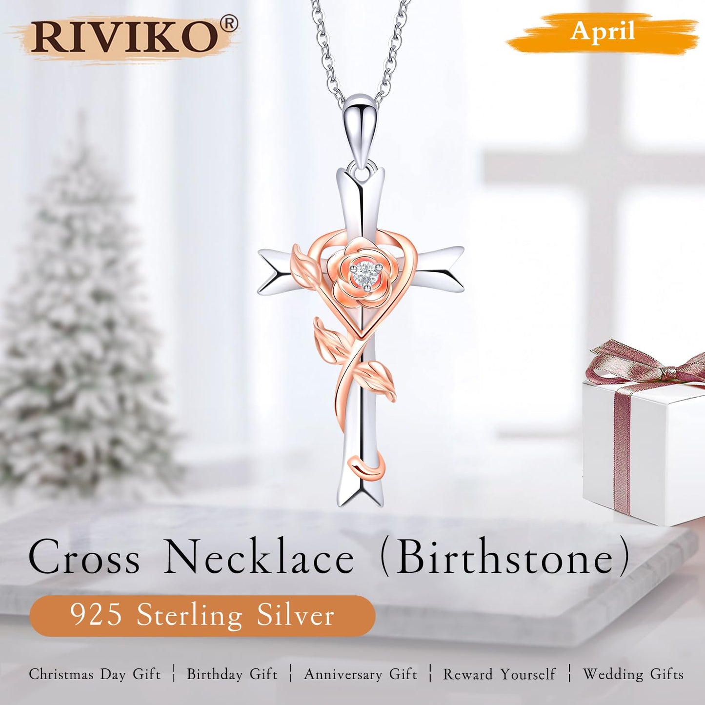 RIVIKO 925 Sterling Silver Cross April Birthstone Necklace for Women Cross Rose Pendant Necklaces Trendy Valentine's Day Christmas Jewelry Anniversary Jewelry Birthday Gift for Women Her Wife Girlfriends Daughter