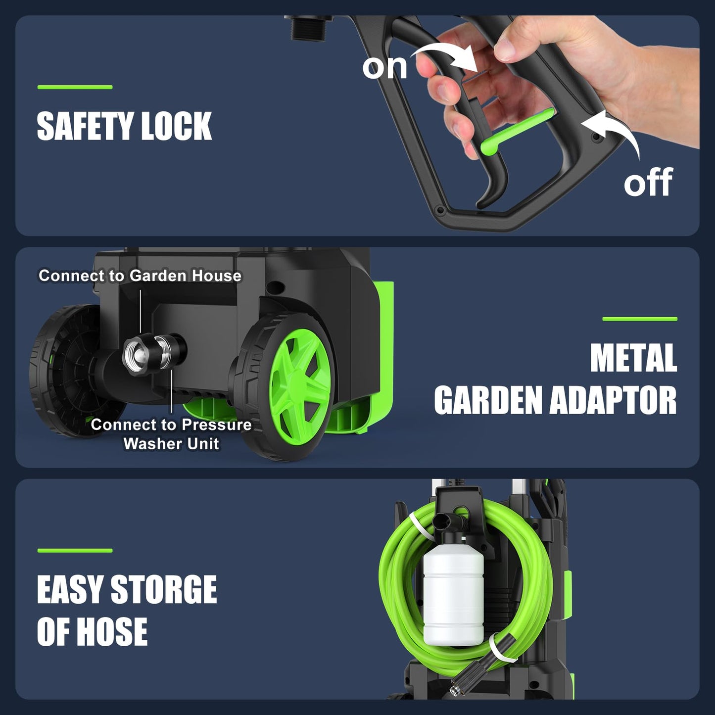 Imdot Adjustable Electric Pressure Washer with 33FT Flexible Extension Hose + 34FT Power Cord, 4 Nozzles, Foam Cannon, Best Power Washer for Cars, Patios, Driveways, Green