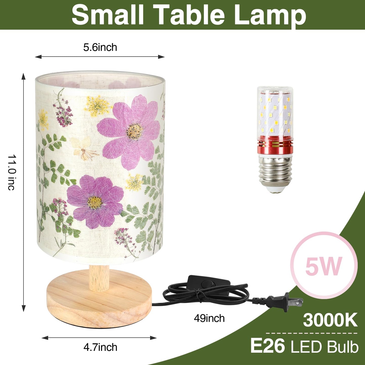 Floresita Dried Flowers Small Table Lamp 5W LED 3-Color Bedside Lamp Pressed Flowers Lampshade with Wood Base for Bedroom Living Room Desk Nursery