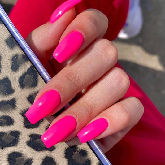 KQueenest Hot Pink Press on Nails Long Medium Square, Neon Pink Fake Nails Medium Coffin, Glossy Sheer Acrylic Nails Press ons, Reusable Vibrant Soft Gel Glue on Nails for Women Summer, Fushia