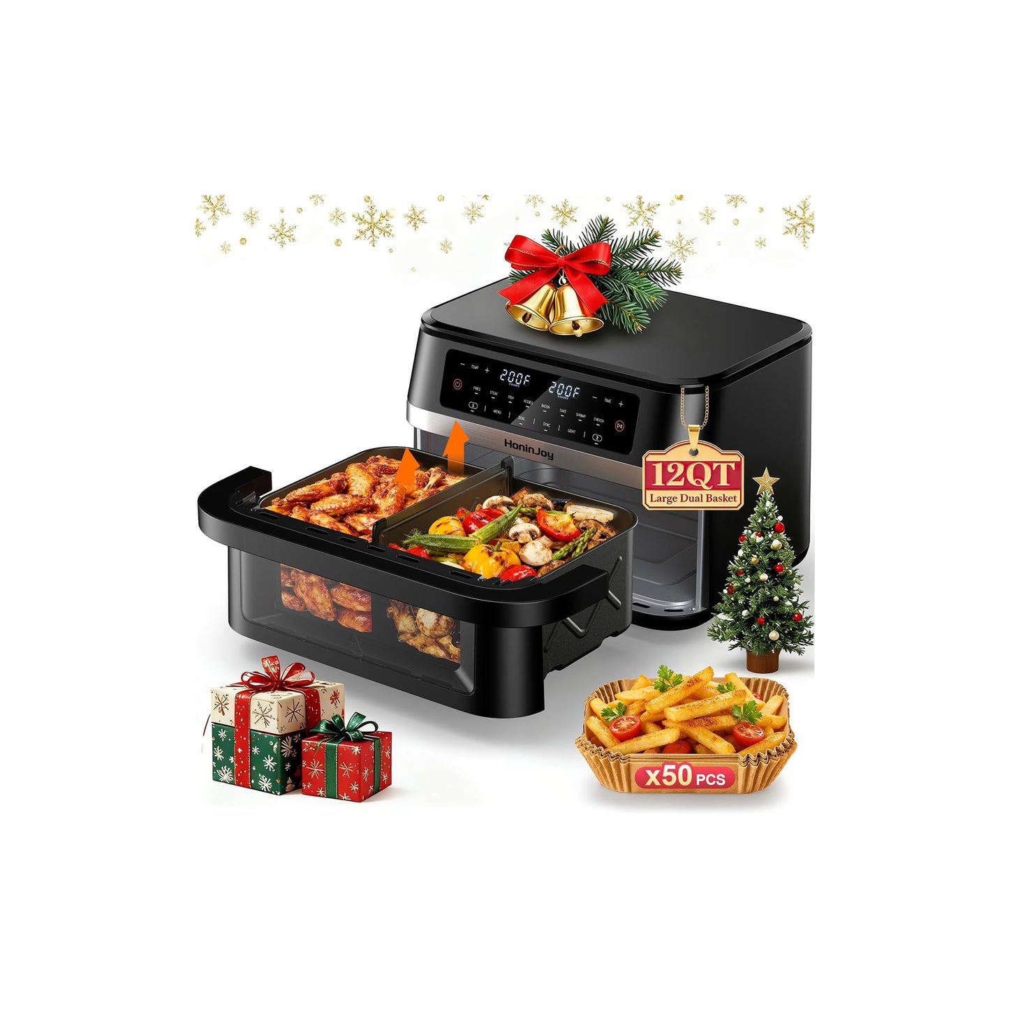 HoninJoy 12QT Large Dual Basket Air Fryer with Flex Basket, Viewing Window and 50PCS Paper Liners, 12-in-1 Family Size with Sync & Dual & Light, Double Zone for Bake, Roast, Reheat, Dishwasher Safe
