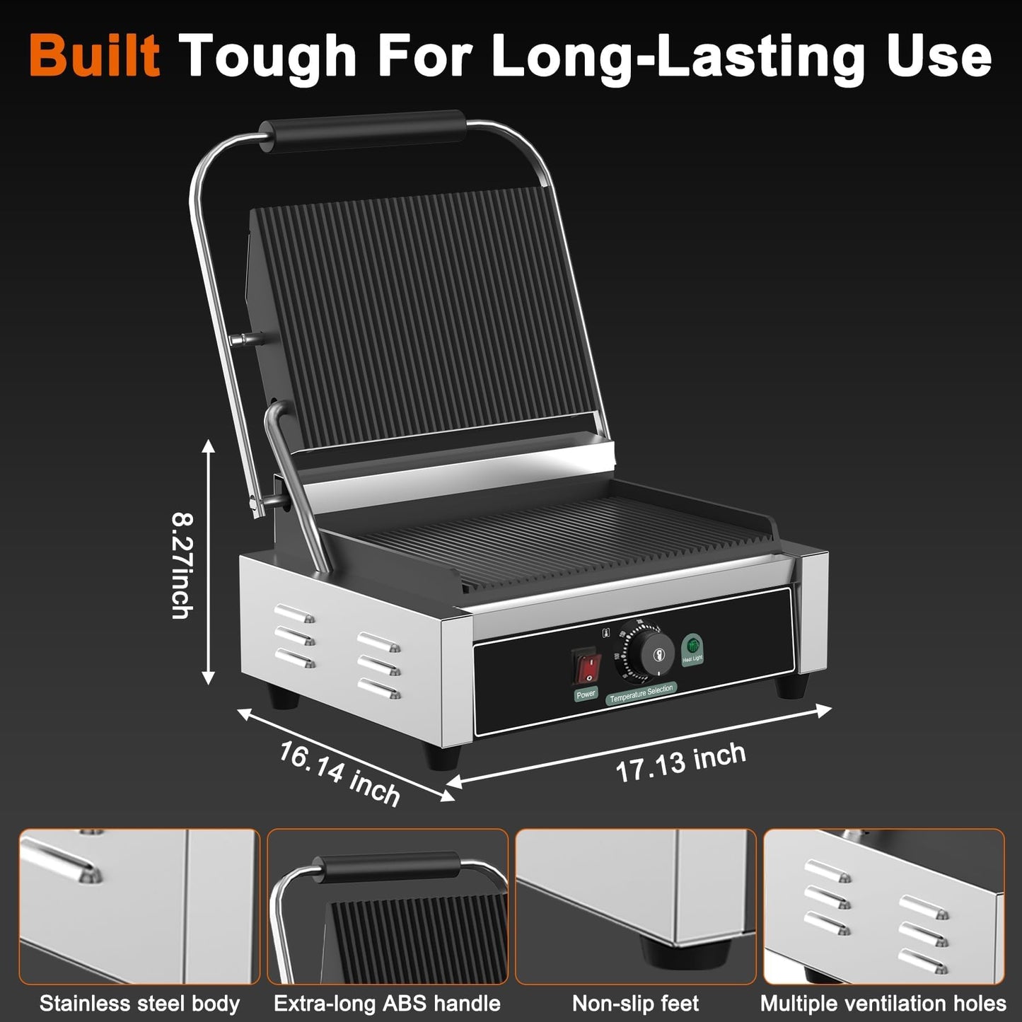 Culistra Commercial Panini Grill, 1700W Electric Sandwich Panini Maker, 50-300℃(120-570℉), Stainless Steel Sandwich Press Grill, for Catering, Restaurant, Snack Stand, CE Certified