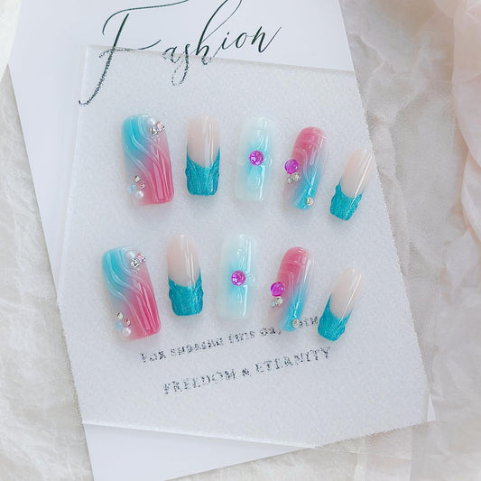 LARSOOY Nails Handmade Press on Nails Middle Long Square | Handmade Nails with Ocean Theme | Reusable fake Nails with Unique Designs | False Nails 10 Pcs (Underwater Adventure, M)
