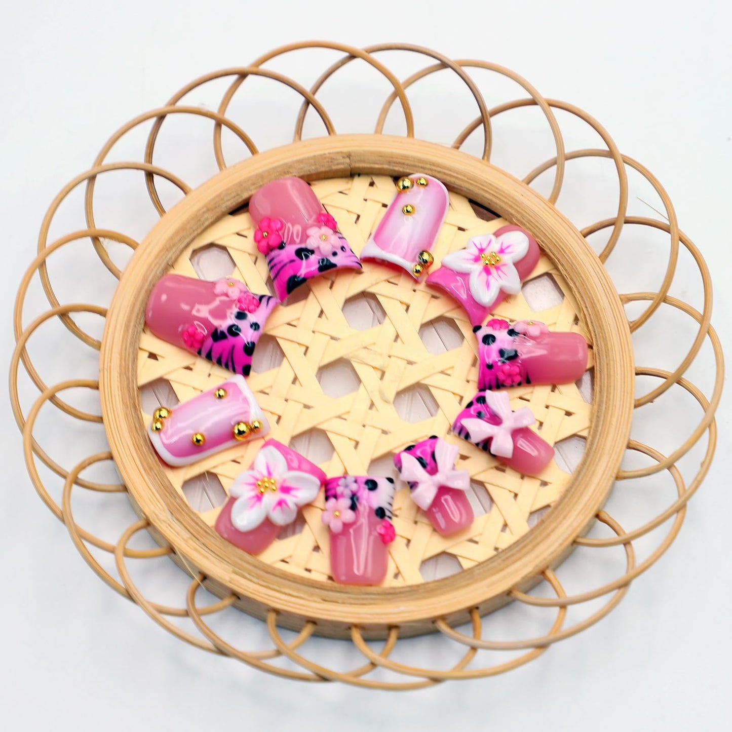 10Pcs Cute Leopard French Tip Press on Nails Handmade Fake Nails with 3D Flower Bow Design Short Duck False Nail Handmade Acrylic Nails Press ons Reusable Pink Flower Stick on Nails for Women (M)