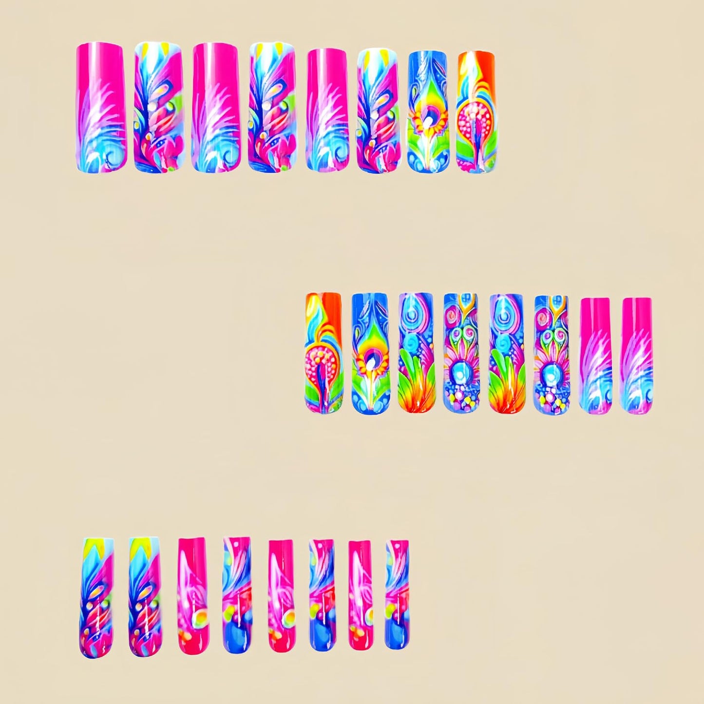EYZOTSF Press on Nails Long Coffin Shaped Acrylic Square False Nails with Designs Artificial Extra Long Length Coffin Fake Nails with Charms Glue Stick ons Fingernails for Women Girls(Y456)