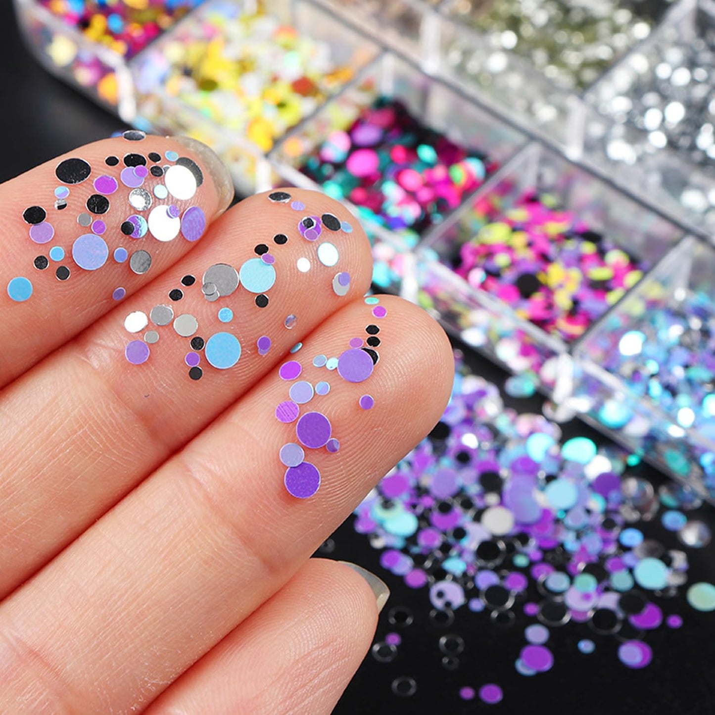 12 Grids Polka Dot Round Sequins Mixed with Colorful Nail Art Glitter Kit - Colorful Round Nail Art Flake Nail Paillette Mixed Rounds Thin Dot Y2K Shiny 3D Nail Stickers for Women DIY Manicure