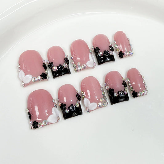 Handmade Press on Nails Short Square Black French Tip Thick Acrylic Fake Nails 3D Floral False Nails with Rhinestones Designs Luxury Full Cover Stick on Nail for Women Nail Art DIY 10Pcs (Size M)