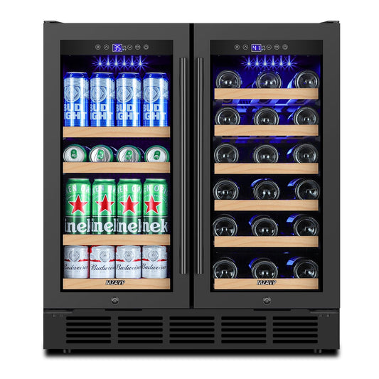 MZAVP 30 Inch Wine and Beverage Refrigerator, Dual Zone Wine Beverage Cooler, 30" Wine Cooler Under Counter or Freestanding Wine Beer Fridge with Upgraded Cooling, Holds 30 Bottles and 110 Cans, Black