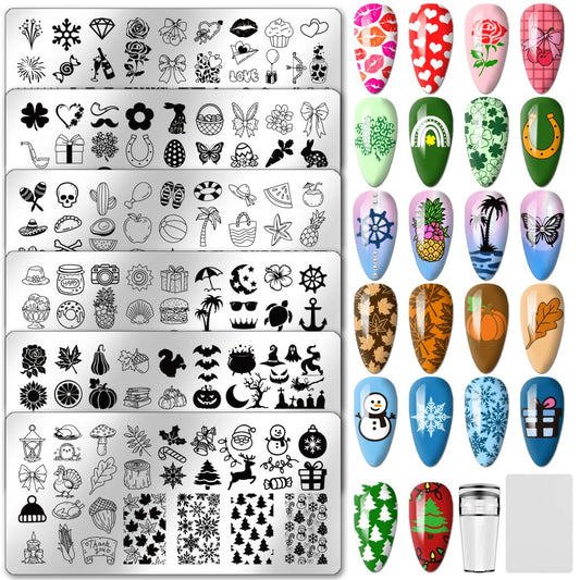 PH PandaHall 6pcs Holiday Themes Nail Stamping Plates Valentines Easter Nails Art Stencils Summer Beach Manicure Art Templates Halloween Christmas Nails Stamp Design for Women Manicures Salon Design
