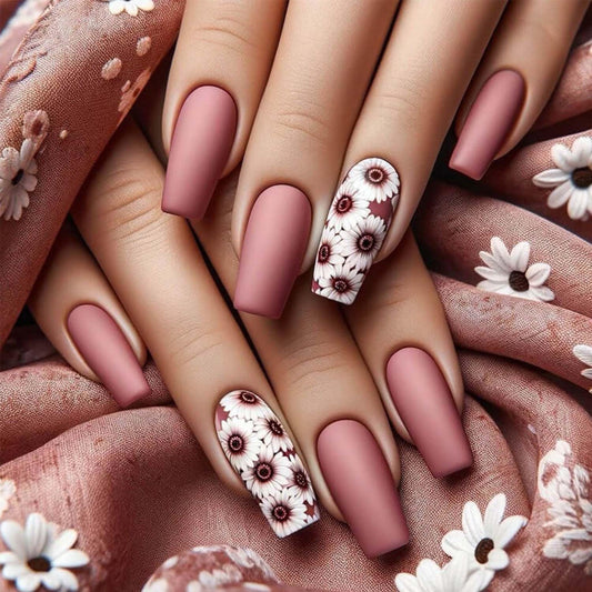 Spring Press On Nails Square Press On Nails Medium False Nails With Flower Design Red Acrylic Full Cover Artificial Matte Glue On Nail Floral Stick On Nail For Women Manicure 24pcs