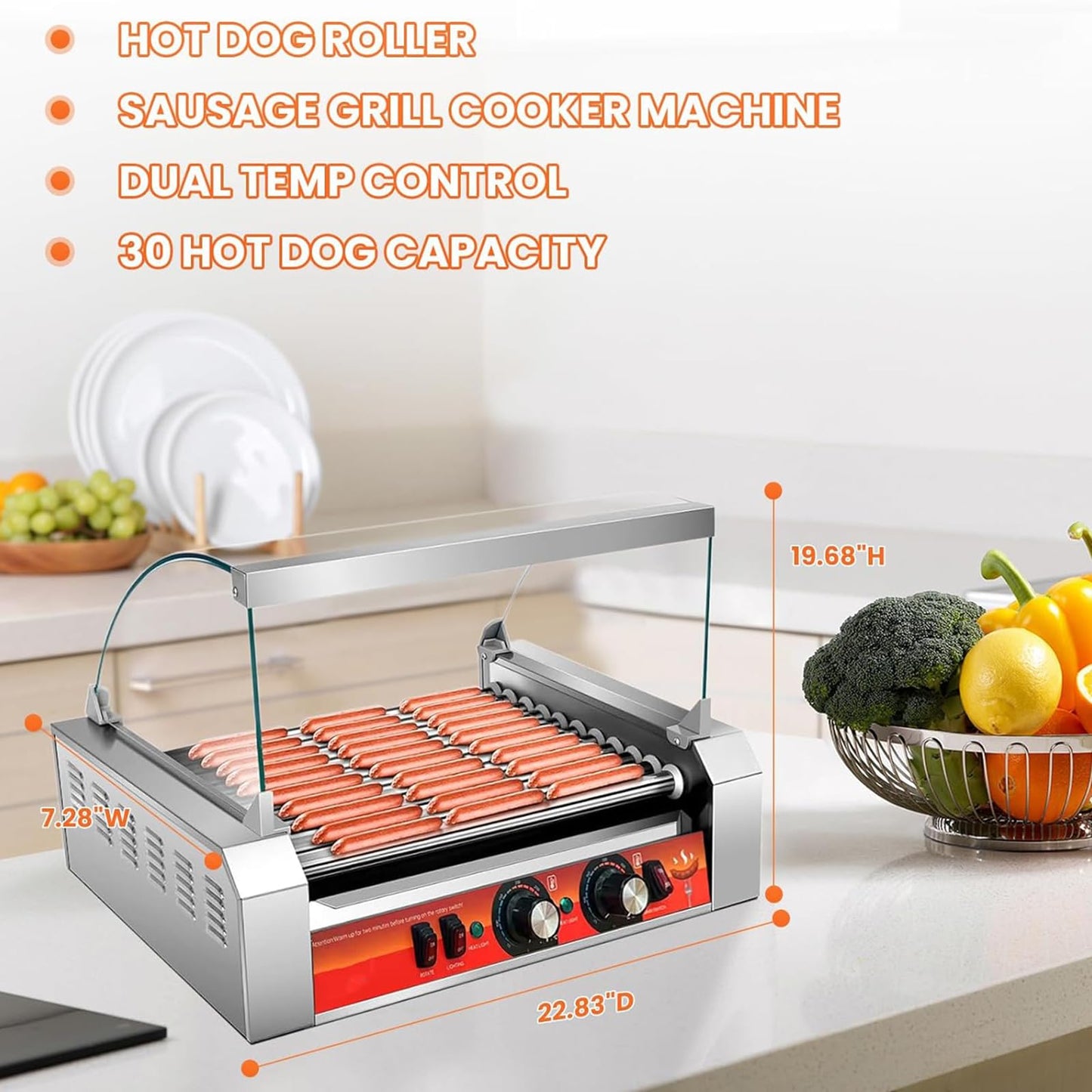 Vexon 1670W 11-Roller Hot Dog Machine，Holds 30 Hot Dogs，Non-Stick & Stainless Steel，for Parties, Events & Food Stalls