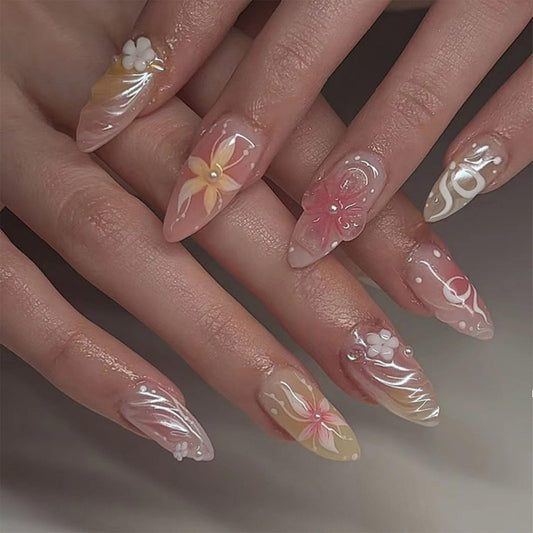 FJSMTOPl Flower Press on Nails - Almond Fake Nails - False Nails with Designs 3D Floral - Acrylic Glue on Nails - Spring Stick on Nails for Women Cute Stick on Nails 24Pcs