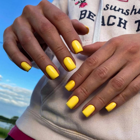 Yellow Press On Nails Short Square, KXAMELIE Natural Gel Nails Glue on Acrylic Nails Press ons Featured Protective Coat Thick Reusable Fake Nails Solid Color 24 Short Coffin Artificial Nails