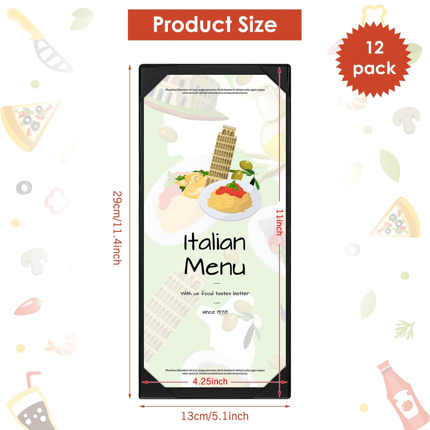 Jexine 12 Pcs Restaurant Menu Covers Single Page Panel Holders with Angled Corners, Black, 4.25" x 11"