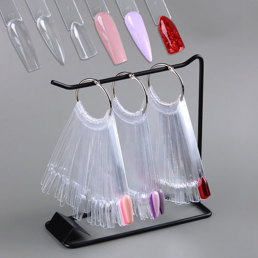 150 Pcs Nail Swatch Sticks with Ring & Nail Art Display Stand Storage Rack, Clear Ballerina Square Stiletto Nail Art Polish Color Display Practice Tips, Nail tech Supplies for Home or Salon Use