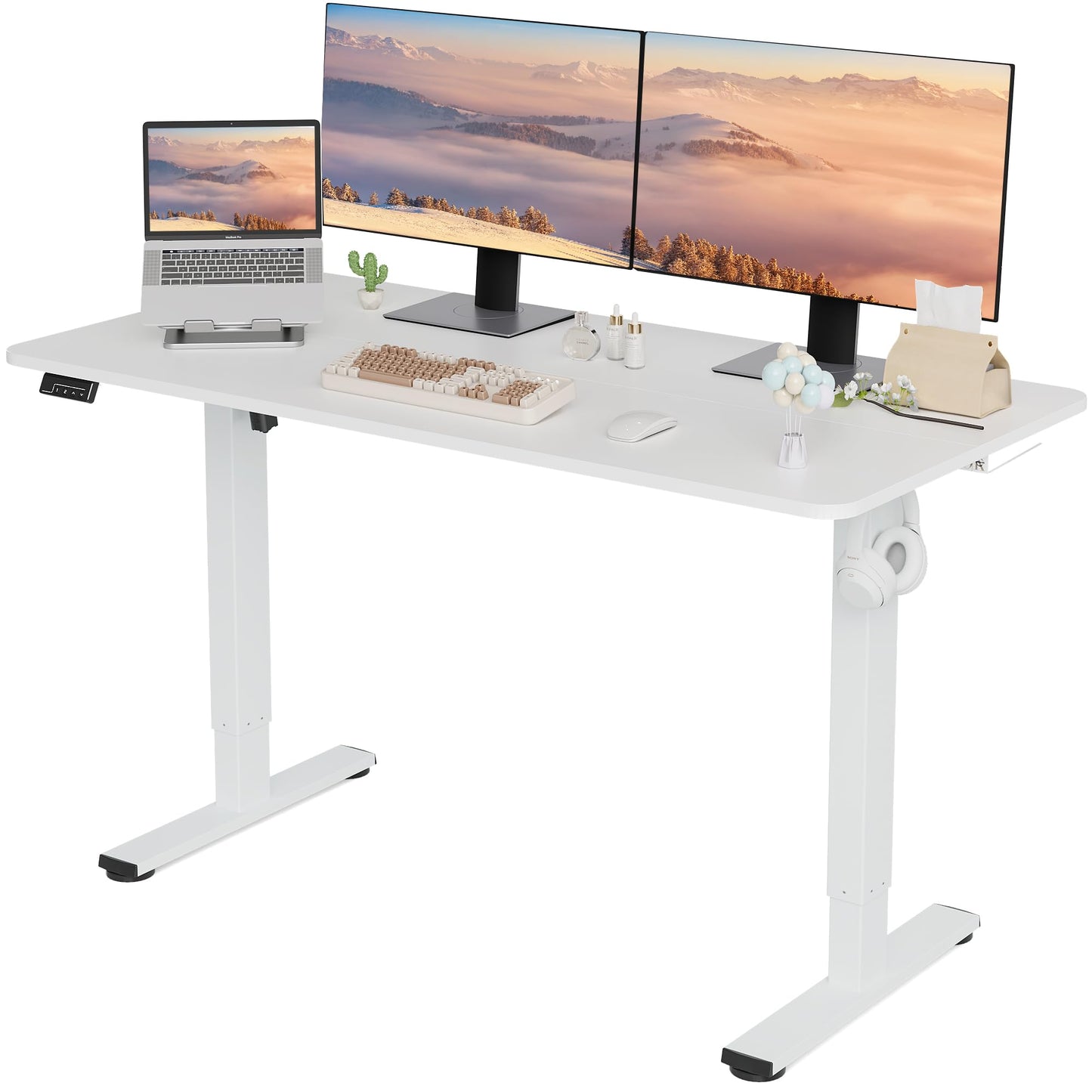 LongKe Electric Standing Desk Adjustable Height, 55x24 Inches Sit Stand up Desktop for Home Office, Ergonomic Rising Computer Table with Memory Preset, White