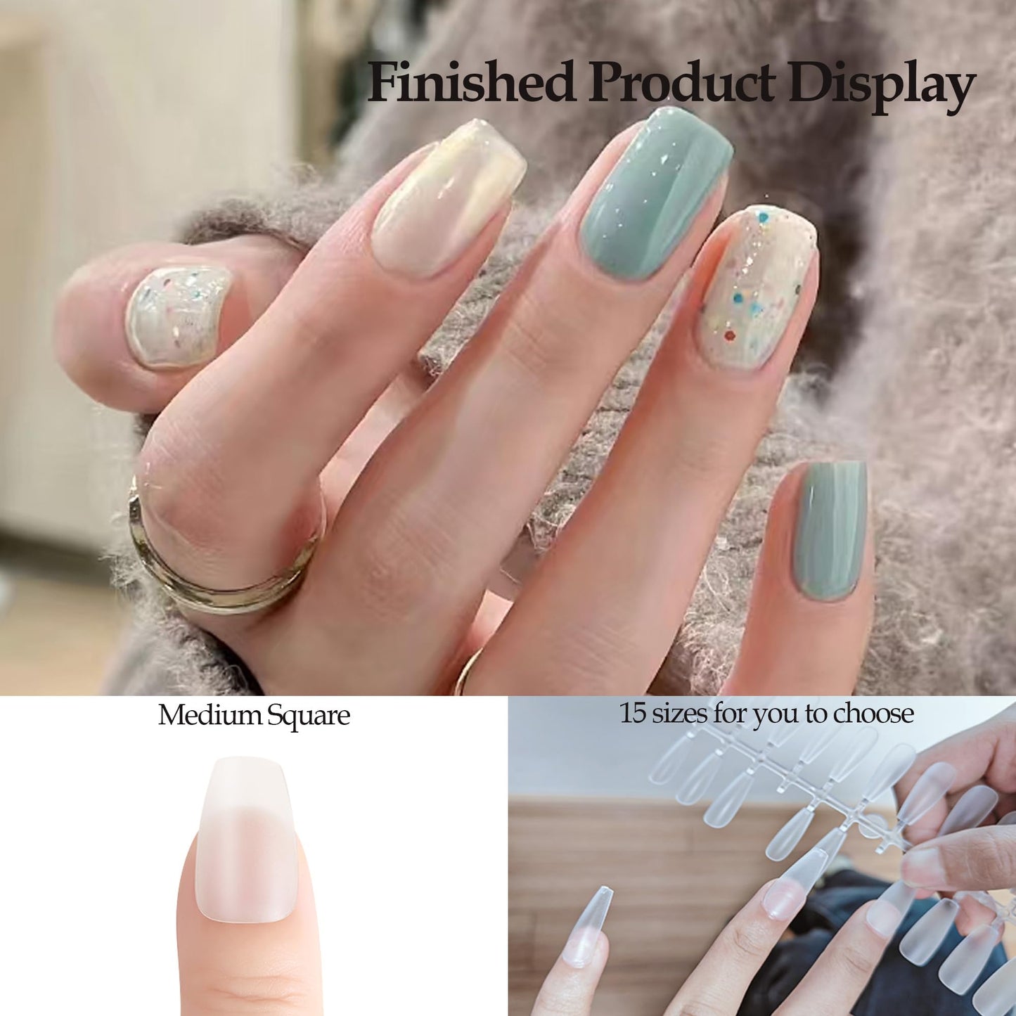 Sun&Beam Nails Fake Nails Tips Full Clear Acrylic Cover for Manicure Salons Nail Art 15 Sizes 240 Pcs (Medium Square)