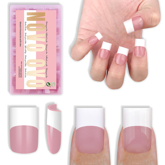 NOVO OVO Old School Wide White French Short Sharp Square Tip Nail Tips Press on BERRY PINK, Need Builder Gel Top Coat Nail Glue, Soft Gel Full Cover Fake Nail Extension, for DIY x 15 Sizes 240 pcs