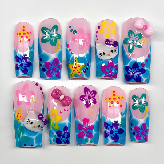 24Pcs Summer Press on Nails Long Coffin Fake Nails with Cute Bow Designs Summer Beach Acrylic Nails Starfish Hibiscus Flower Acrylic Nails Cute Cartoon French Tip Full Cover Glue on Nails for Women