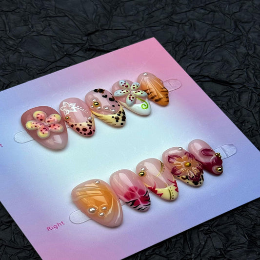 100% Handmade Press on Nails Medium Almond Handmade Nails with Yellow Flower Design Pearl Rhinestones Fake Nails Glossy Ombre Nail Press ons Reusable Spring Summer Acrylic Nails for Women Size L 10Pcs
