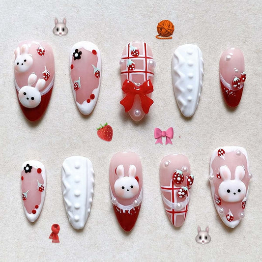 LINMEIZAI 30 Pcs Cute Press on Nails Short Almond Pink Fake Nails Press ons Nail Tips Glossy Stick on Nails Acrylic Nail Kit with Spring 3D Bunny & Strawberry Design False Nails Nail Art for Women