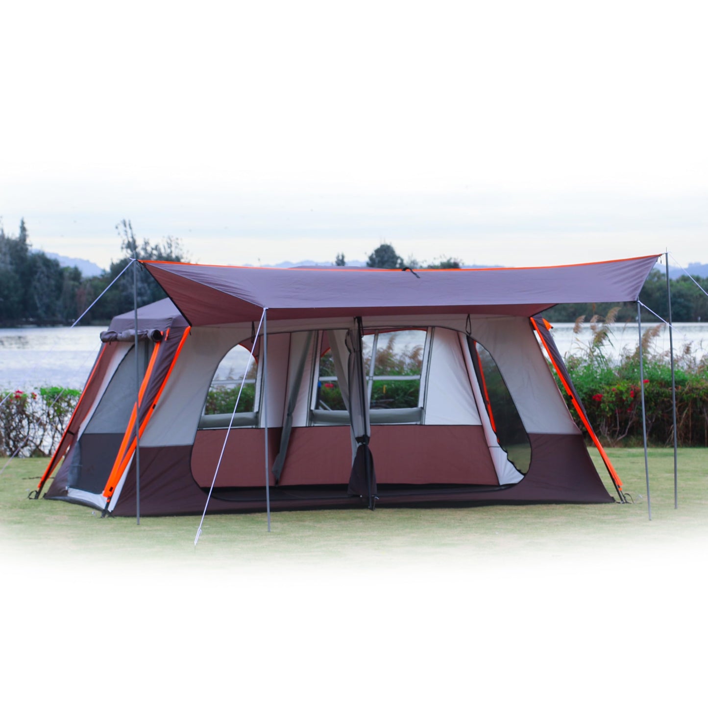 KTT Extra Large Tent 12 Person(A),Awning Family Cabin Tents,2 Rooms,4 Doors and 4 Windows with Mesh,Straight Wall,Waterproof,Double Layer,Big Tent for Outdoor,Picnic,Camping,Family Gathering(Brown)