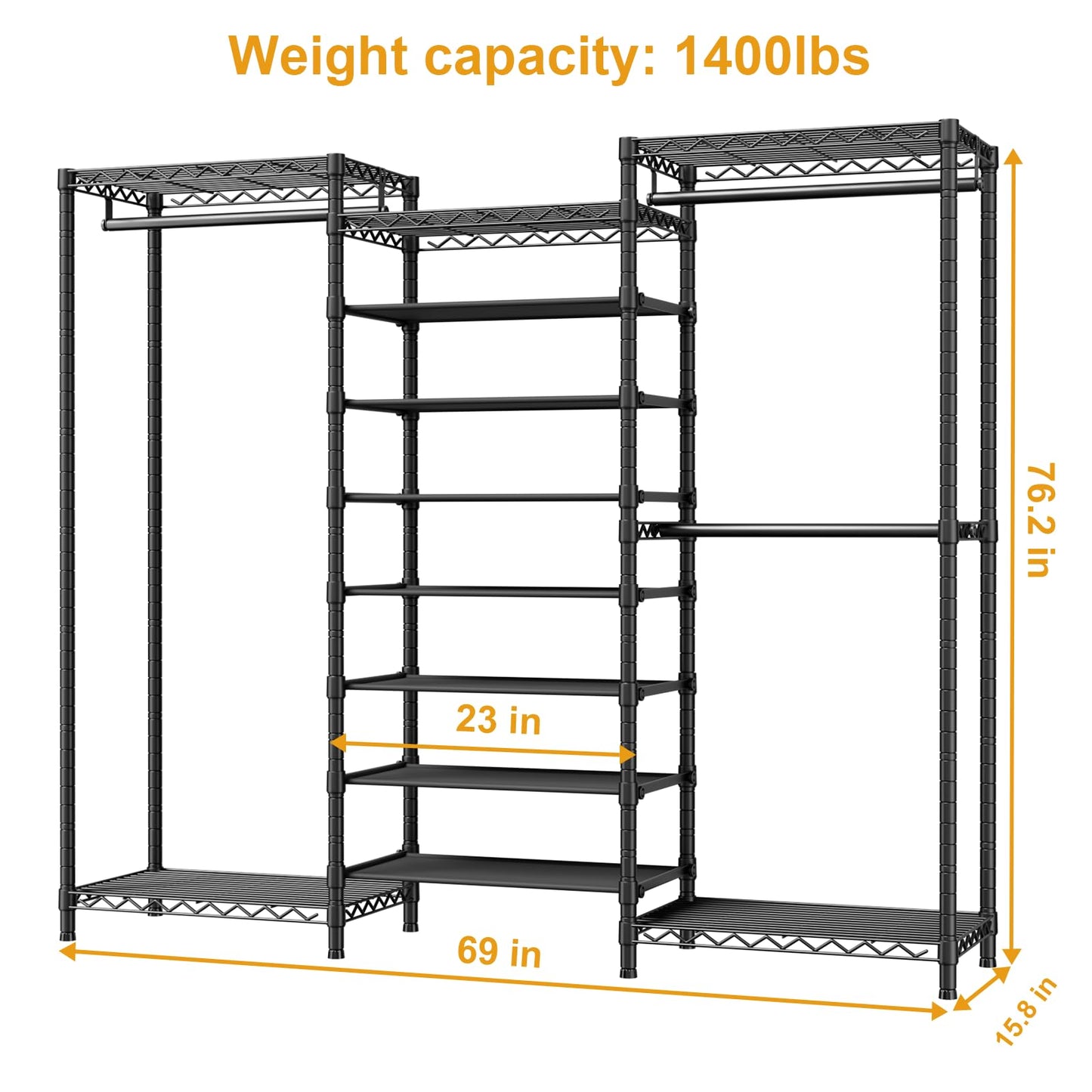 ULIFHOME E16 Heavy Duty Clothing Rack（with 7-Tier Adjustable Shoe Rack） Freestanding Clothes Rack for Hanging Clothes，Metal Closet Storage Organizer Large Wardrobe，69'' W x 15.8'' D x 76.2'' H，Black
