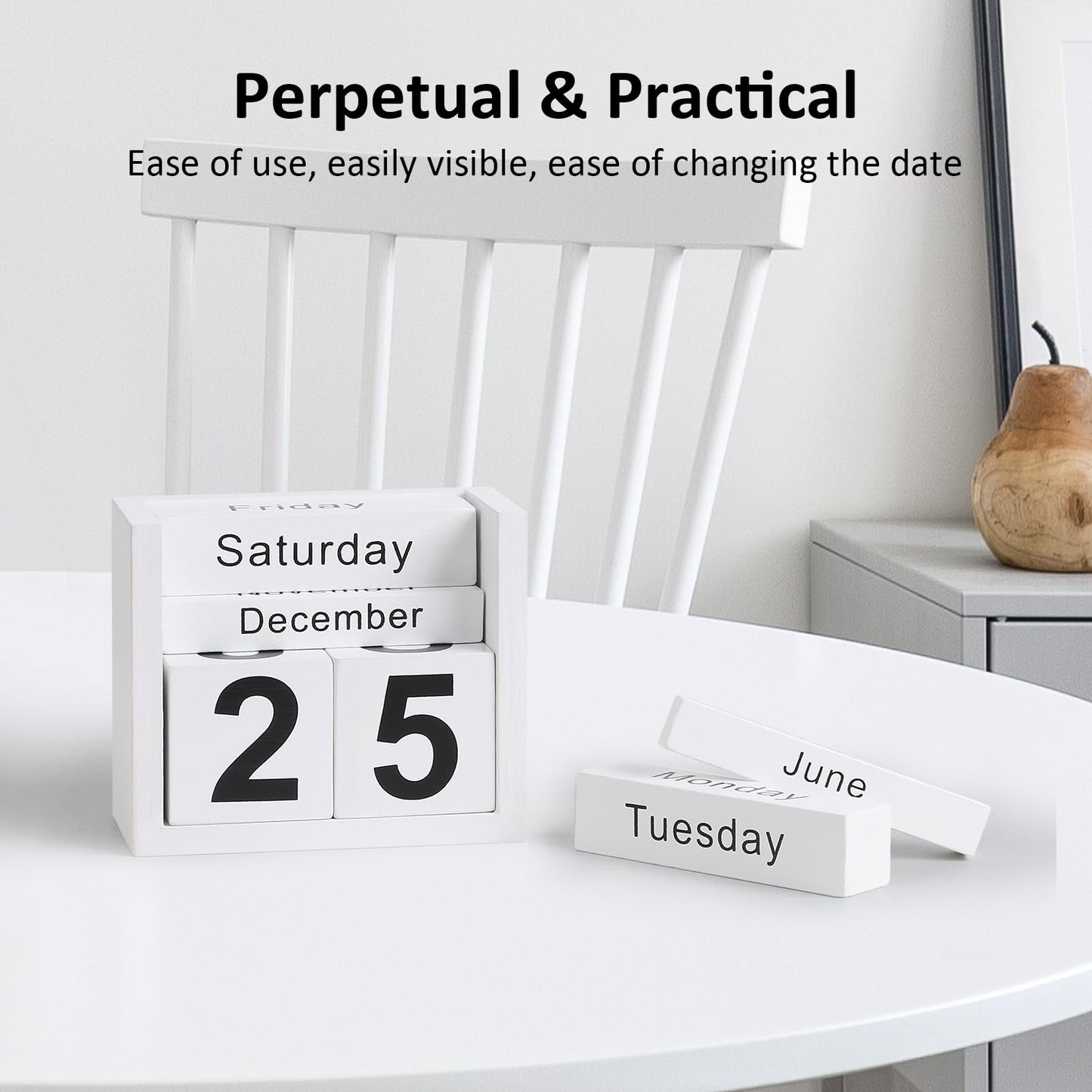 DEERINE Wooden Block Calendar for Desk, Daily Desktop Perpetual Desk Calendar, Cute Date Display Blocks Desk Accessory for Home Office Decor, Teacher, Classroom, Reusable Yearly, White