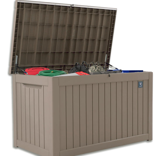 Large Outdoor Storage Box, 230 Gallon Deck Boxes Outdoor, Durable Resin Waterproof Deck Box for Patio Furniture Outdoor Cushions Garden Tools and Pool Storage (Light Brown, 230 Gallon)