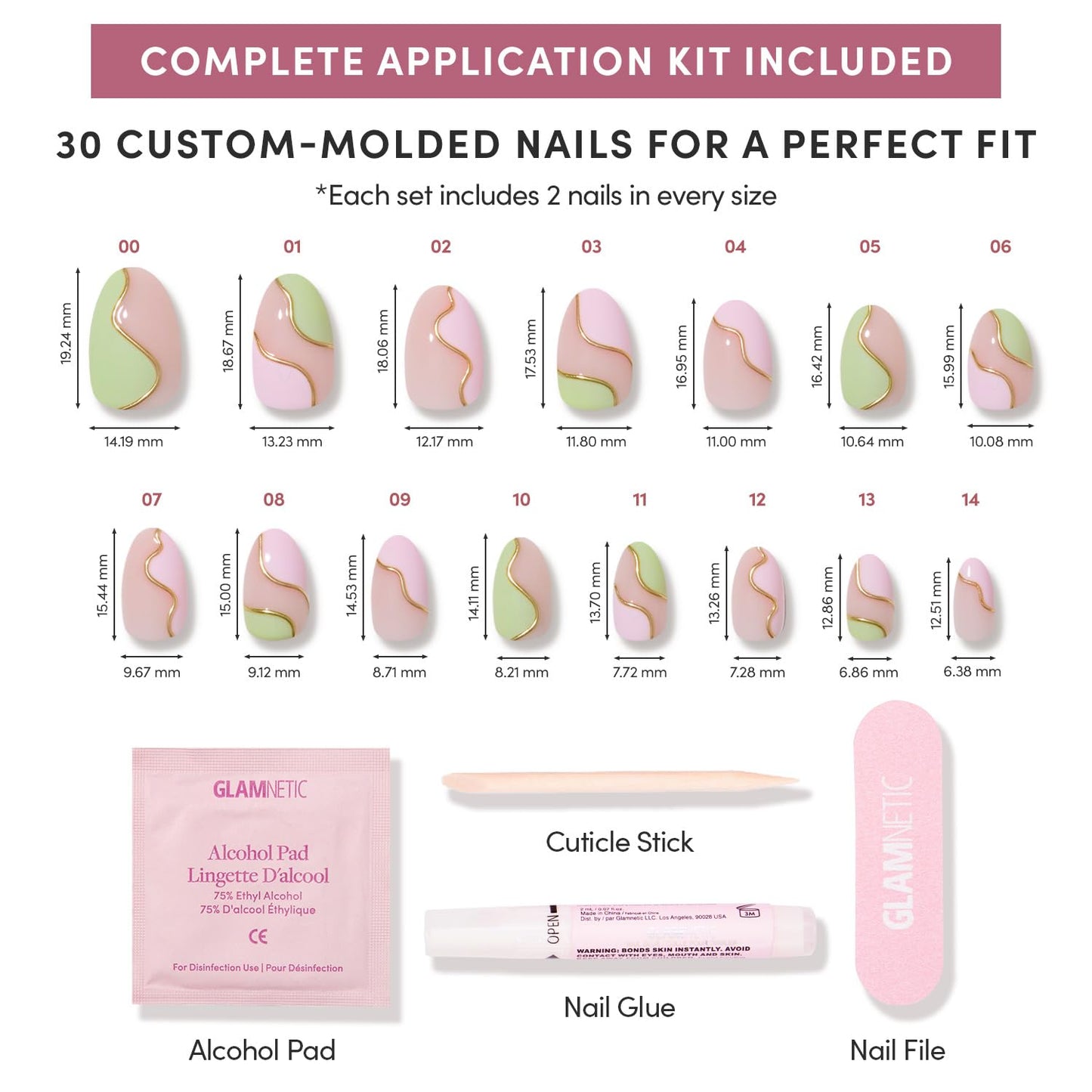 Glamnetic Press On Nails - Short Oval Fake Nails, Pink & Green Swirl Nails with Gold Foil Accents, Strawberry Matcha | 15 Sizes - 30 Nail Kit with Glue | Gift for Mom