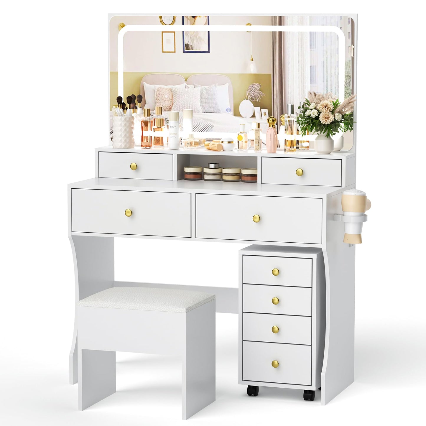 Pamapic Mobile File Cabinet Vanity Desk with Mirror and Lights, 8 Drawers Makeup Vanity Desk with Lights and Upgraded Silent Slides, 3 Lighting Modes Makeup Vanity with Charging Station, White