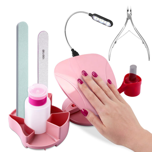 Enhon Manicure Supplies, Nail Stand Hand Rest for Nails with Multi Angle & Polish Trays, Manicure Set 3 Pieces & LED Lights, Foot Station Supply for Salon Home DIY, Christmas Gifts for Women (Pink)