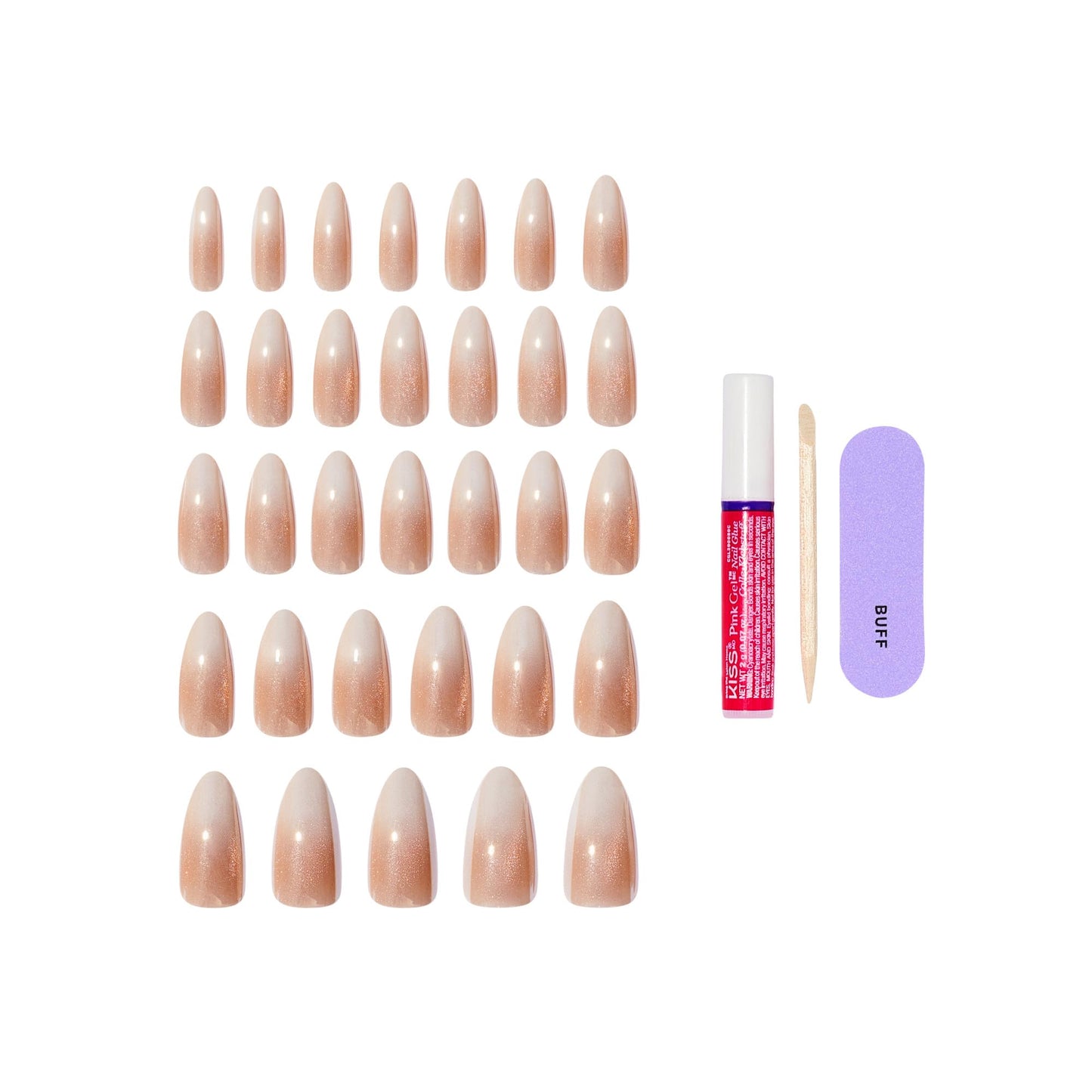 Kiss Glam, Press On Nails, Nail glue included, 'Day n Night', Beige, Long Size, Almond Shape, Includes 32 Nails, 2g Glue, 1 Manicure Stick, 1 Mini File (Pack of 2)