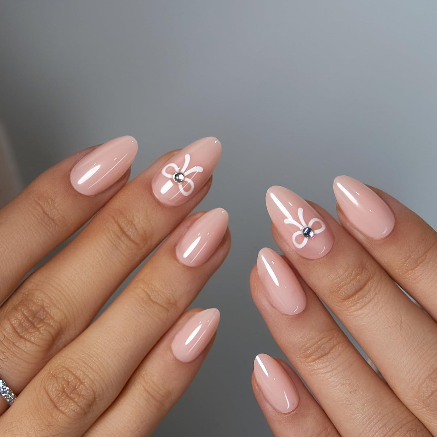 CurvLife Press On Nails Short Almond – 30Pcs Nude Pink Soft Gel Fake Nails, Glossy Glue On Nails with 3D Bow Design, Natural Fit Stick On Nails for Women & Girls