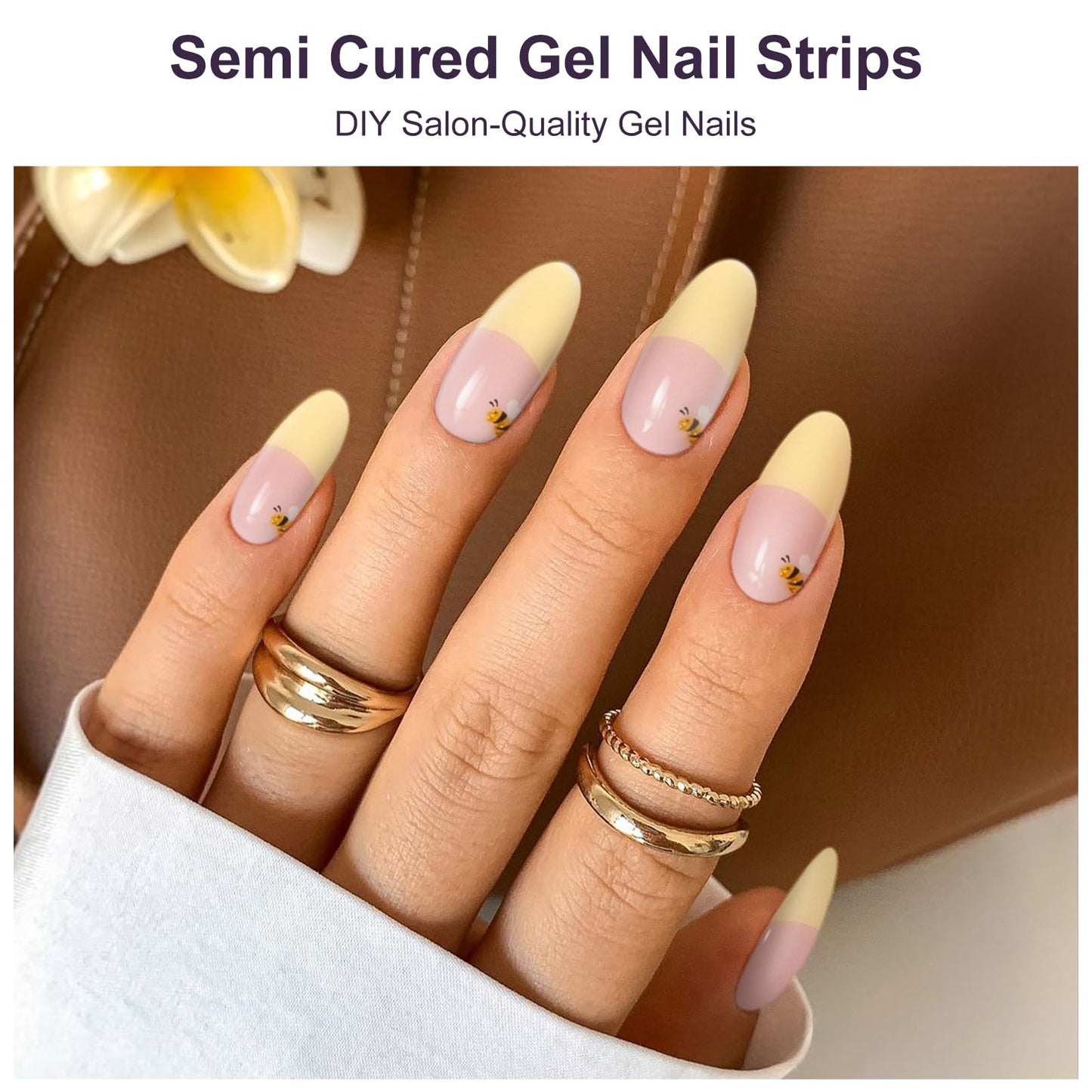 DUKASOU Semi Cured Gel Nail Strips, 56Pcs French Tip Nail Art Stickers/Wraps, Long Lasting UV Nail Polish Strips for Adults(French Tip Red Beetle+Yellow Bee)