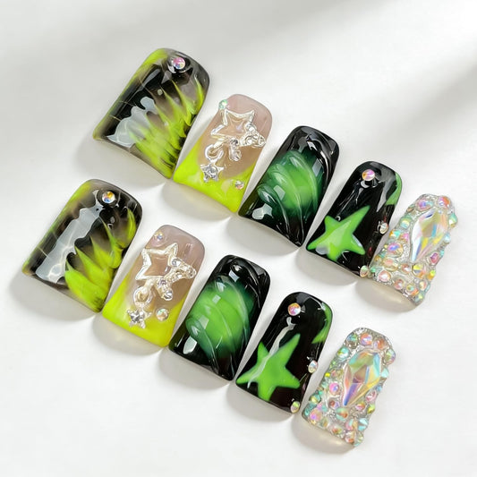 Handmade Press on Nails Medium Duck Nails,Black and Green Fake Nails with Star Rhinestone Design Reusable Acrylic Nature Stick on Nail Y2K False Nails for Wome (Size M)