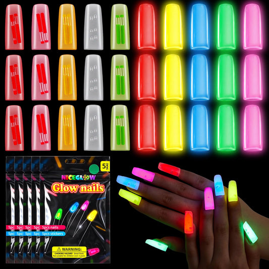 Glow in The Dark French Tip Press on Nails, Glow Fake Nails for Kids & Adults, Long-lasting Luminous Nail for Rave, Festival, Nightclub, Halloween Party Supplies, No UV Light Needed(Neon Color)