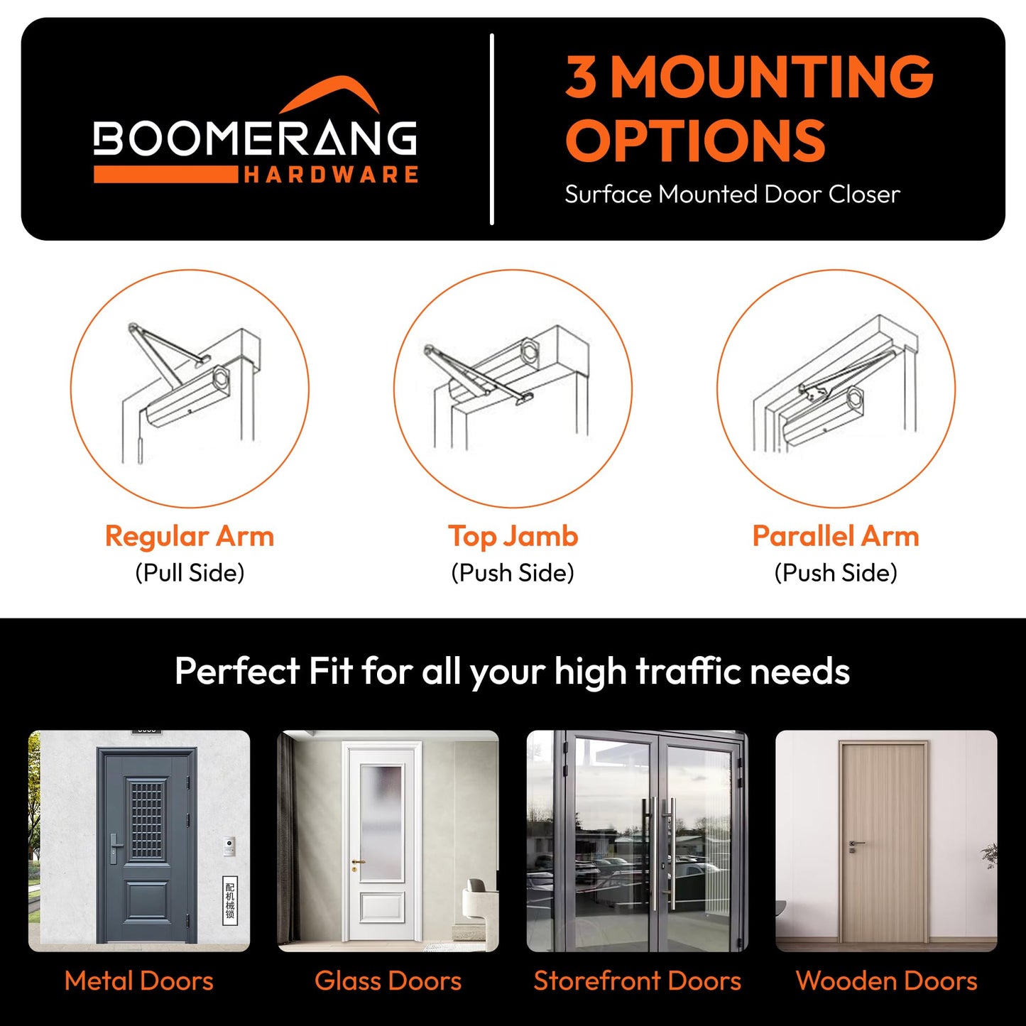 Boomerang D503 Light/Medium-Duty Designer Auto Commercial Door Closer, Multiple Mount Options, Door Closer for Light/Medium Traffic Areas, UL 3 Hour Fire Rated, Aluminum/Silver (US26D)