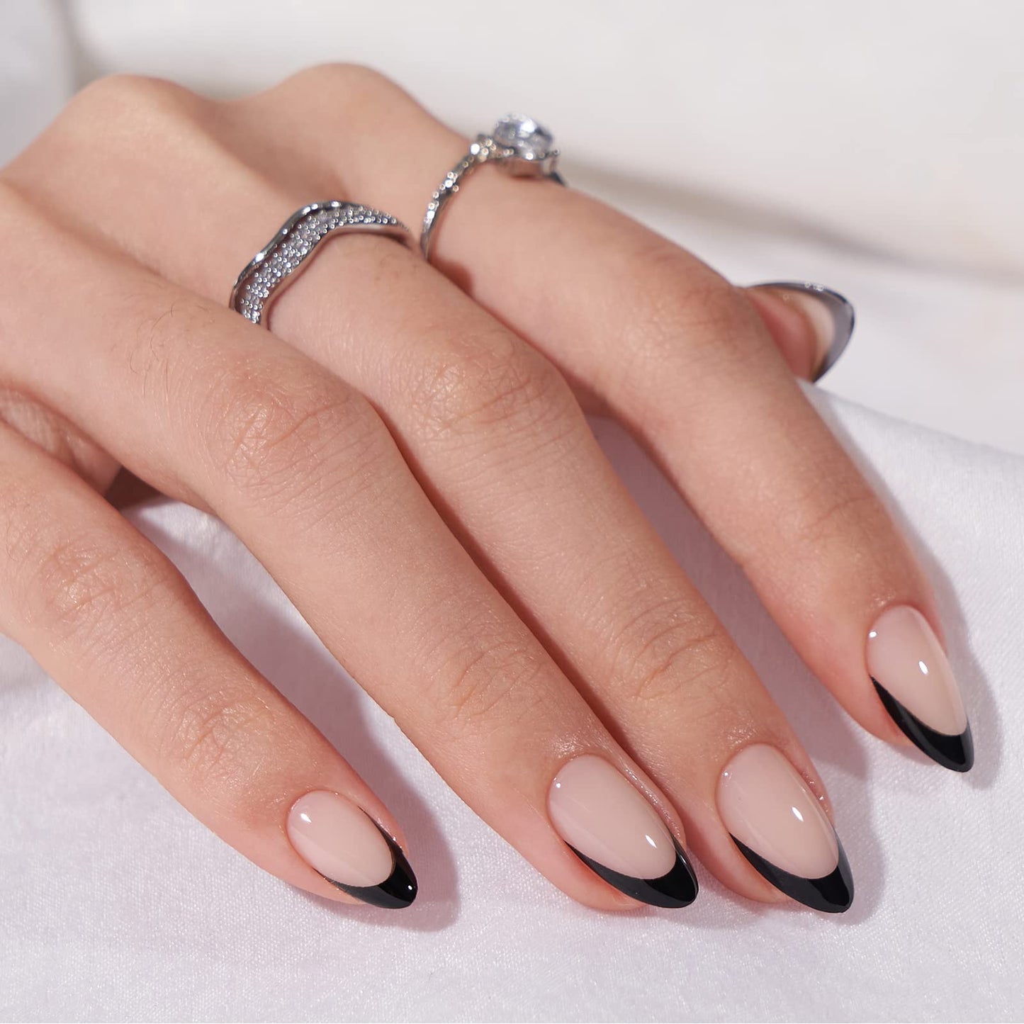 BTArtbox Press On Nails Short - Black French, Almond Press On Nails with Glue and Adhesive Tabs for Women in 16 Sizes - 32 Soft Gel Glue On Nails Kit