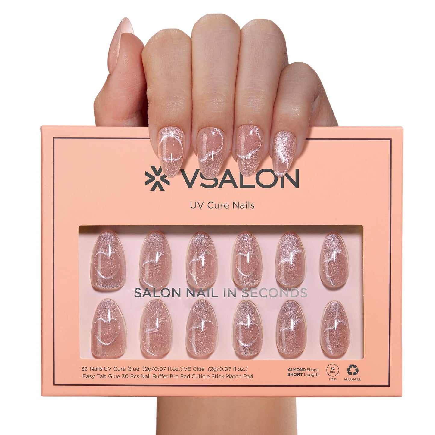 VSALON Press On Nails Short Almond, Nude Pink Cat Eye Press On Nails Neutral Sparkly Spring Fake Nail With UV Glue On Nail Kit, Reusable Salon Quality Summer Stick On Nails 32 Pcs 16 Sizes