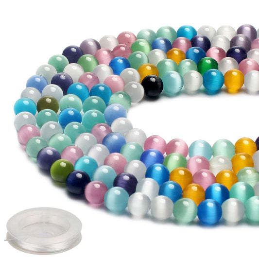 70PCS Natural 8MM Healing Gemstone, Synthetic Cat’s Eye Energy Stone Round Loose Beads, Semi-Precious Crystal Beads with Free Elastic String for Jewelry Making DIY