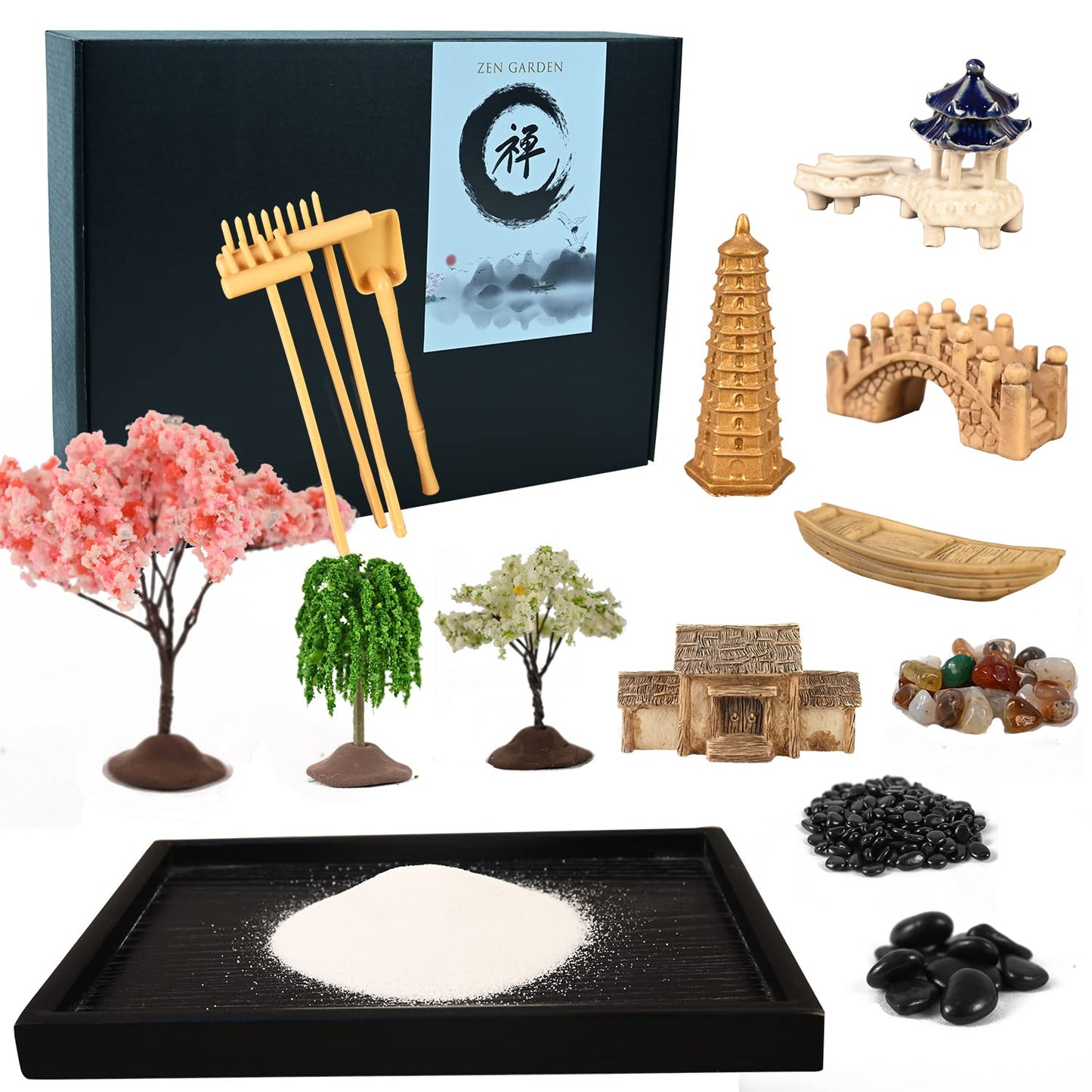 Yoquare Mini Zen Garden, White Sand, 10" x 7" Rectangular Plastic Tray with Meditation Accessories