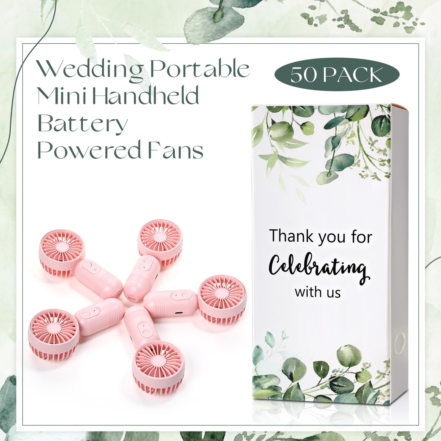Retisee 50 Pack Wedding Portable Mini Handheld Battery Powered Fans Gift for Guests Thank You USB Small Personal Fan with 3 Speeds for Summer Bridal Shower Party Favor(Leaf,Pink)
