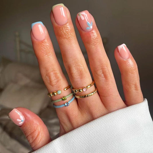 Stbisen French Pink Press on Nails Short Square, Summer Fake Nails with Cute Blossom Pink Designs, Glossy Gel Finish FalseNails, Thick Natural Reusable Glue on Nails for Women, 30Pcs, Floral Blush