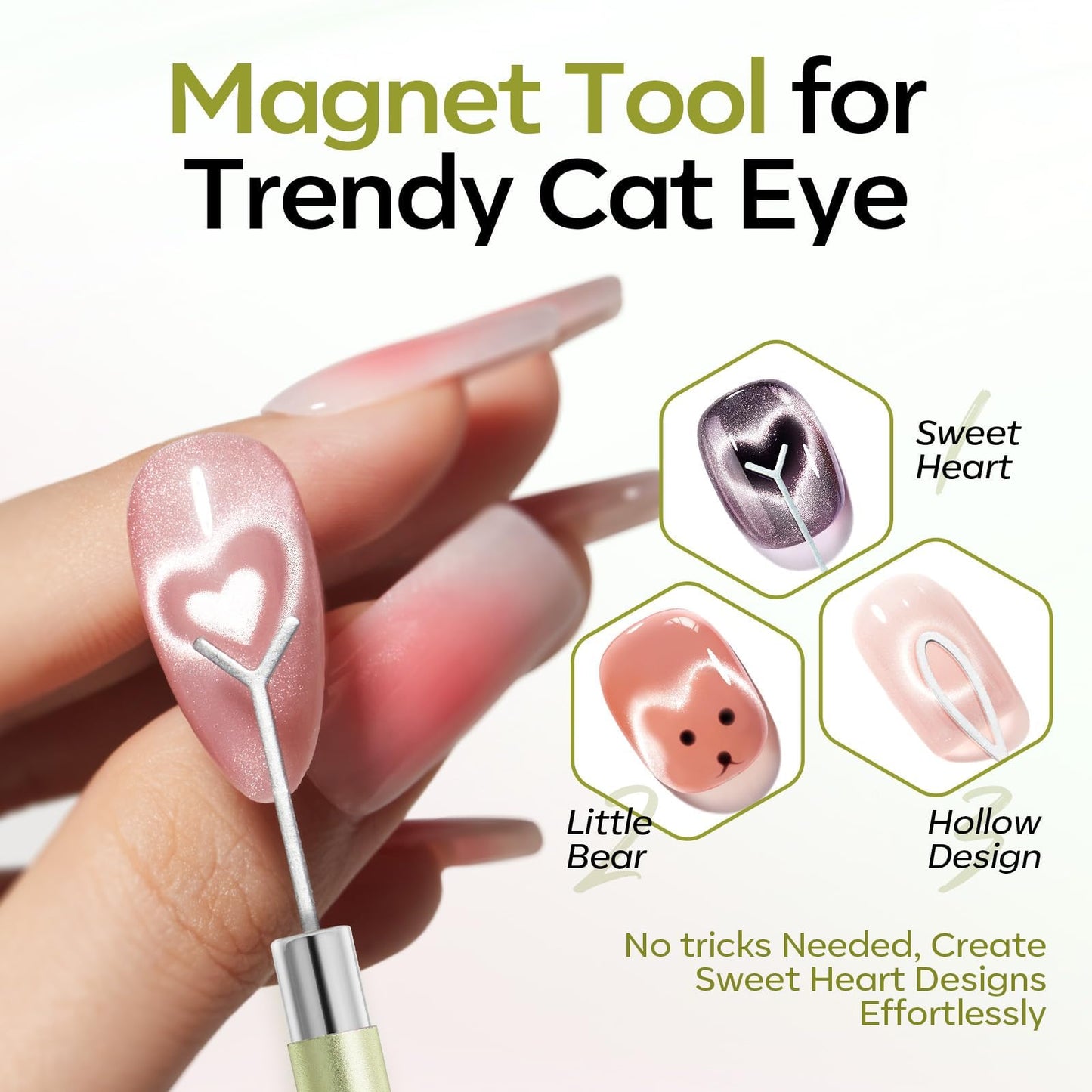 modelones Cat Eye Magnet for Nails, 3-in-1 Green Cateye Gel Polish Magnet Pen & Heart-Shaped Magnet for Nail Art & Ball &Hole &Lightning Magnet, Multi-Effect Magnets for Nail Art Lovers DIY Salon