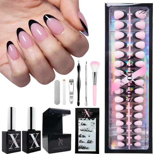 SXC Cosmetics French Tip Press On Nails – Black Series, Short Almond, X-Pro Tips Starter Kit | 160PCS, 16 Sizes, 5 Styles, Beginner-Friendly