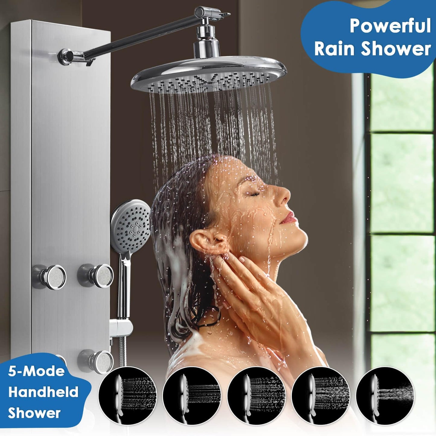 ROVOGO Stainless Steel Shower Panels System with 8-inch Rainfall Shower, 6 Body Jets and 5-Setting Handheld Shower Wand, Shower Tower with Adjustable Head, Brushed