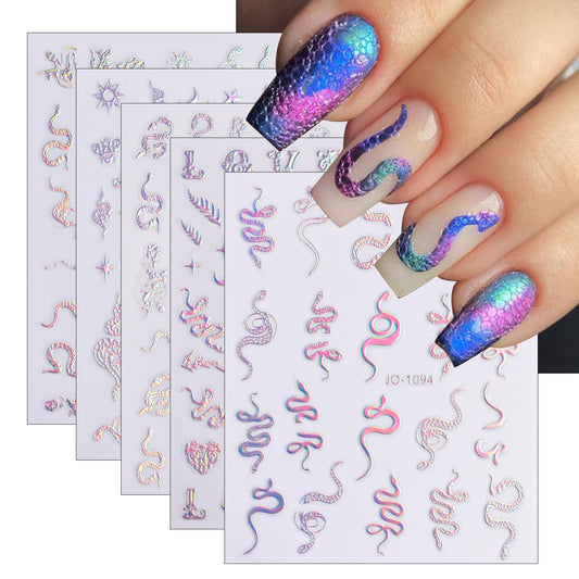 5 Sheets Aurora Silver Snake Nail Art Stickers 3D Self-Adhesive Laser Nail Decals Stars Sun Moon Line Holographic Designs Nail Stickers for Women Girls DIY Manicure Supplies