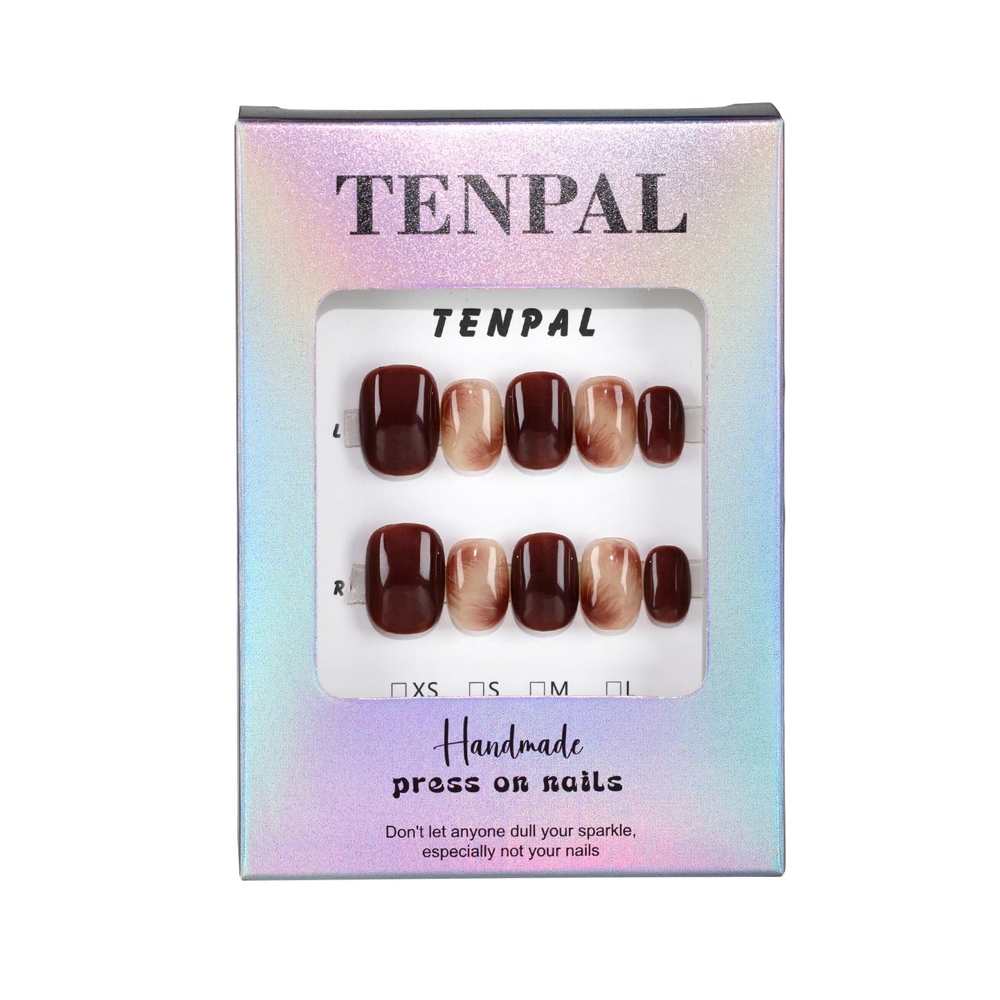 TENPAL Amber Caramel Blending Press on Nails Short Square Acrylic Nails Press Ons for Autumn and Winter Glossy Full Cover Brown Gel Fake Nails with Glue 10pcs/box Glue on Nails Short Daily Wear(XS)