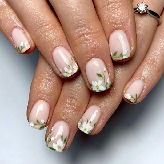 Short Press on Nails with White Flowers Green Leaves Design Spring Floral Fake Nails Cute French Flower Nail Tips Glossy Press on False Nails Square Glue on Nail for Women 24Pcs